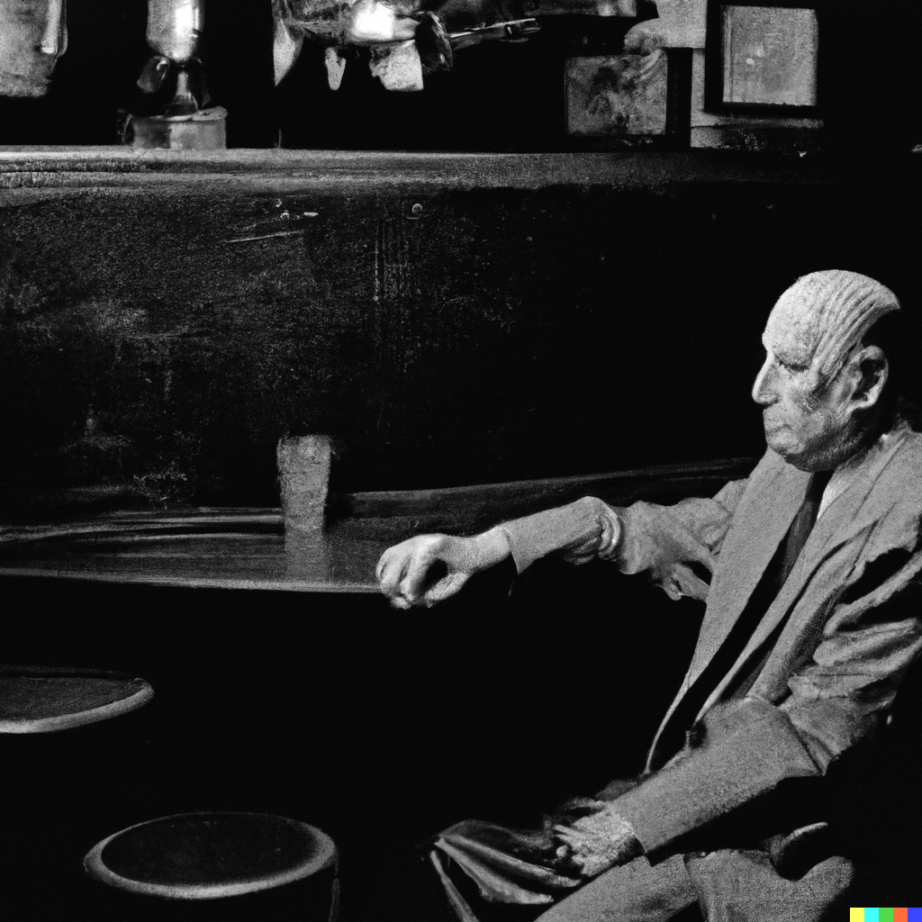 A frail elderly man sitting in a dark wood paneled booth.